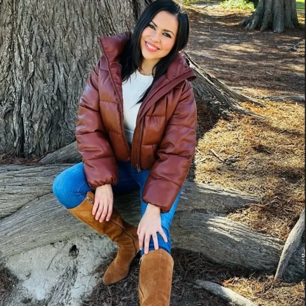 OOF Faux Leather Puffer Jacket Coat with Hood Brown Size IT 42 / US 6
